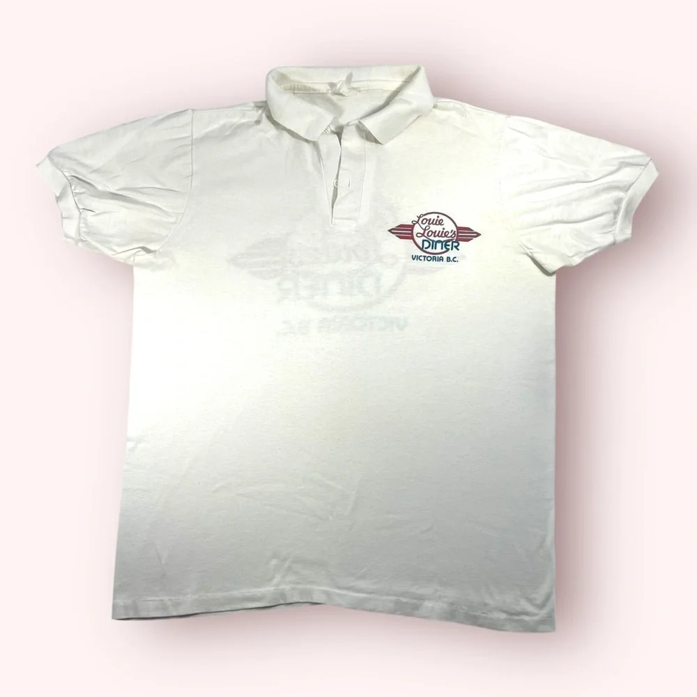 Vintage 90's White Louie Louie's Diner Collared Polo Golf Shirt Men's Size L